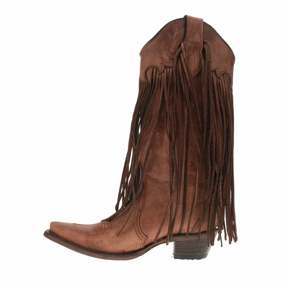 Brick Fringe Snip Toe Pull On Cowboy Boots Padded Collar Construction