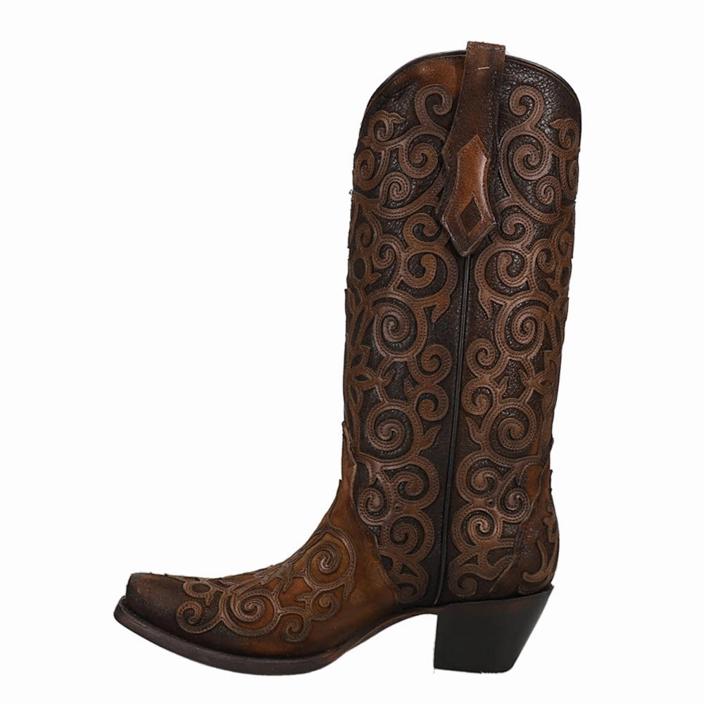 Trend-setting silhouette Chocolate Lamb Tooled Inlay Snip Toe Cowboy Boots
