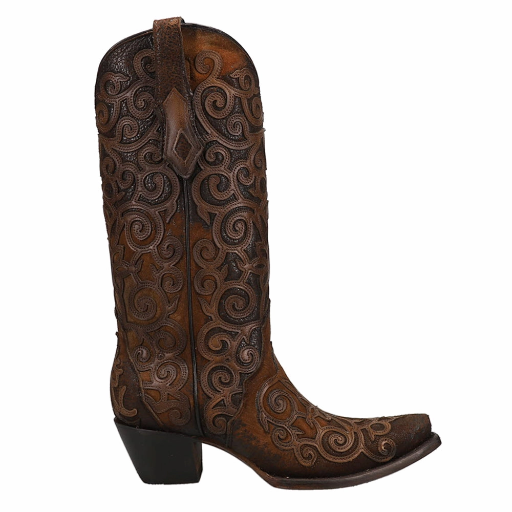 Chocolate Lamb Tooled Inlay Snip Toe Cowboy Boots dress - wear Personalized