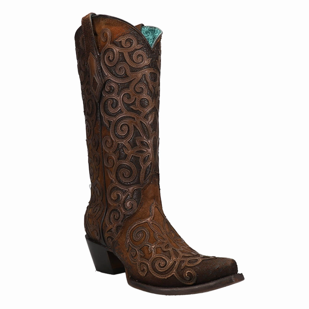 Chocolate Lamb Tooled Inlay Snip Toe Cowboy Boots quality - level Stiff
