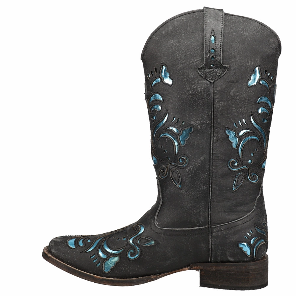 Belle Metallic Tooled Inlay Square Toe Cowboy Boots Shock Diffusion Layer