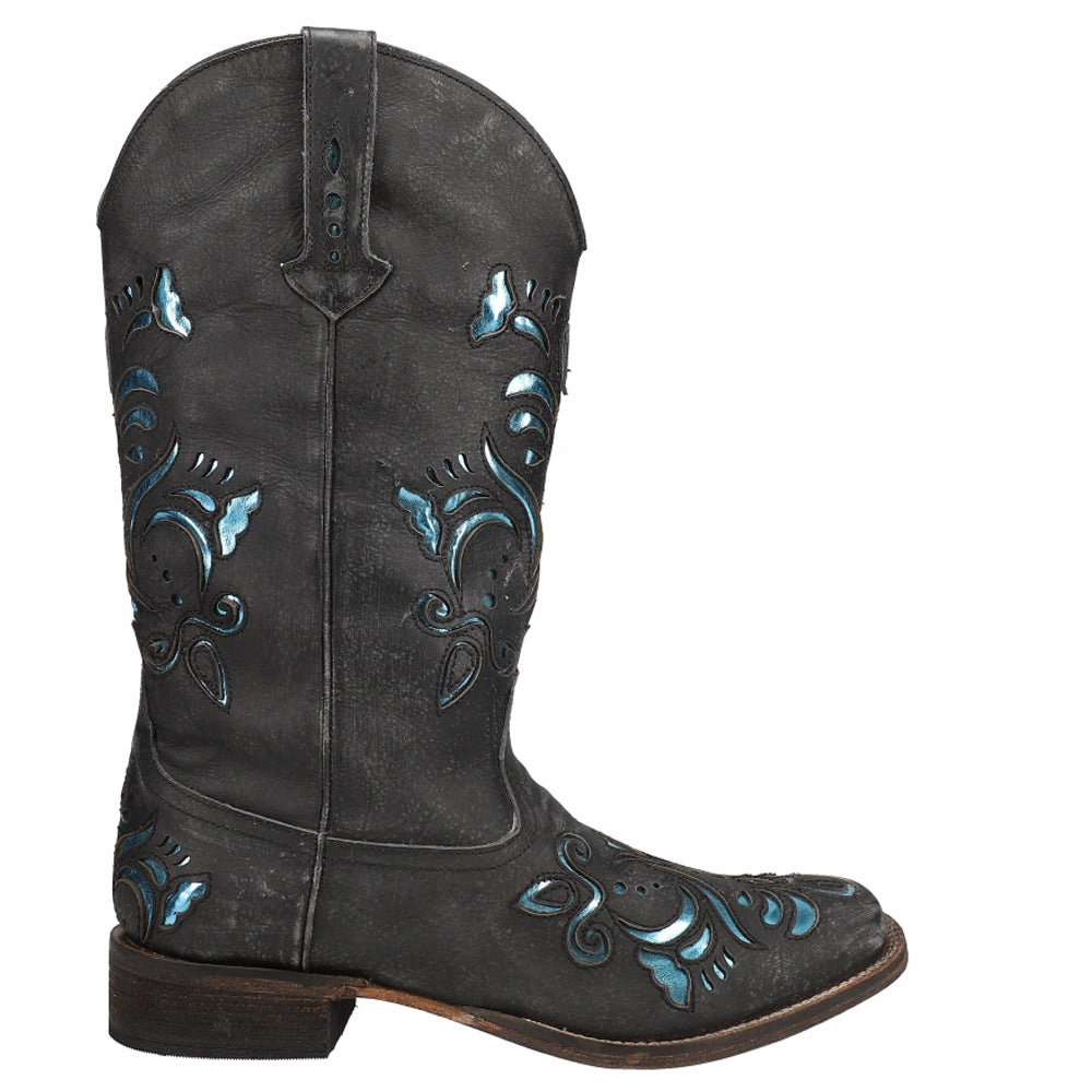 Belle Metallic Tooled Inlay Square Toe Cowboy Boots partygoers Plush Lining