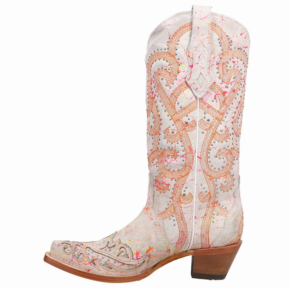 Fluorescent Embroidered Tooled Inlay Studded Snip Toe Cowboy Boots Thermoregulating Layer Wedding