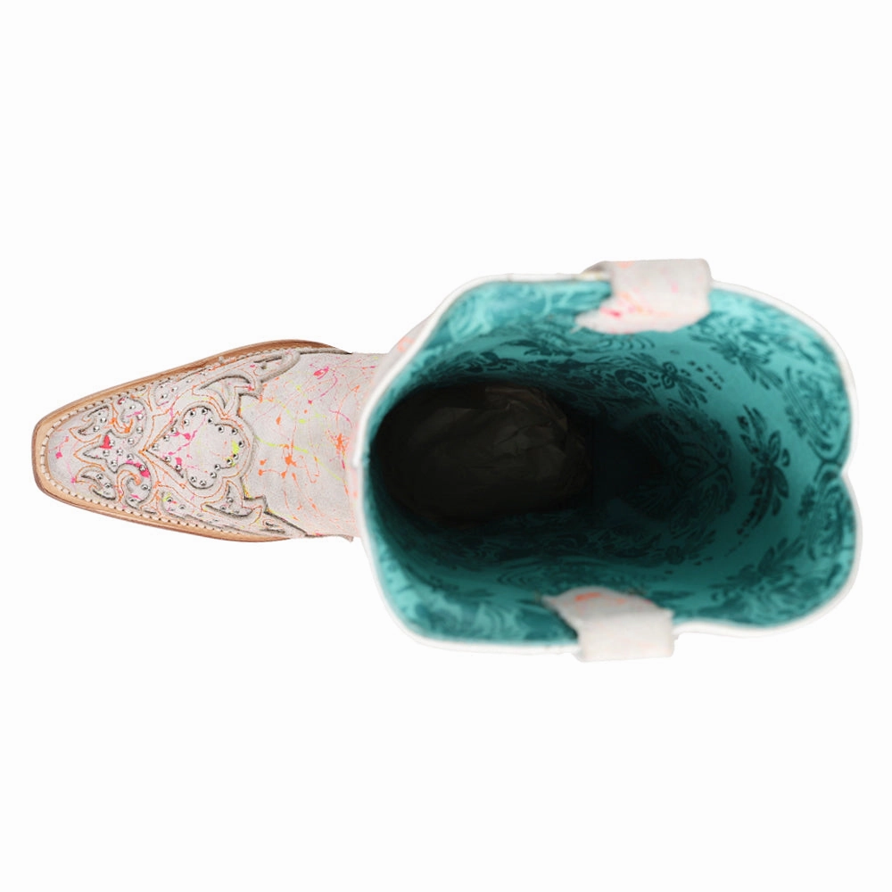 Fluorescent Embroidered Tooled Inlay Studded Snip Toe Cowboy Boots party - goer