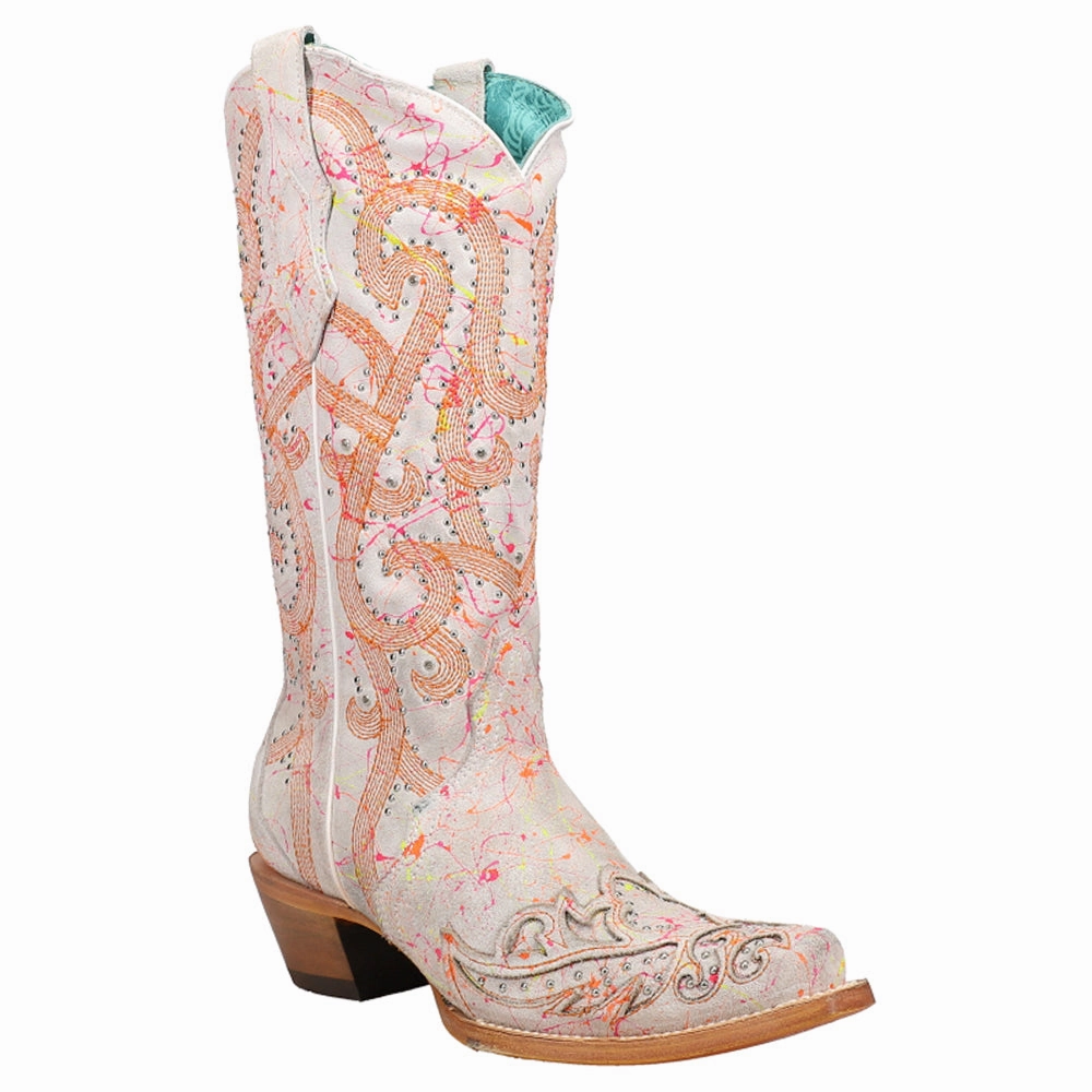 Non Toxic Adhesive Bonding Fluorescent Embroidered Tooled Inlay Studded Snip Toe Cowboy Boots