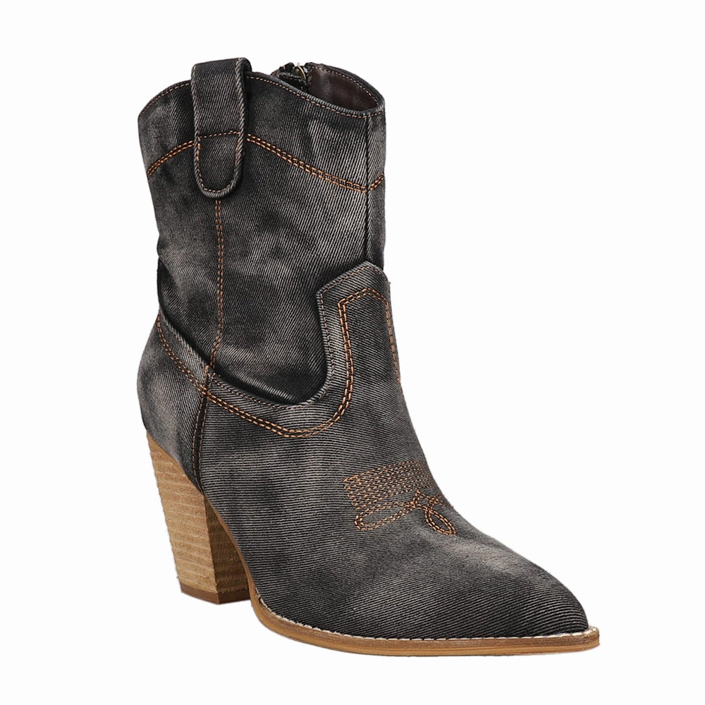 Friends In Low Places Embroidery Pointed Toe Cowboy Booties Recycled Textile