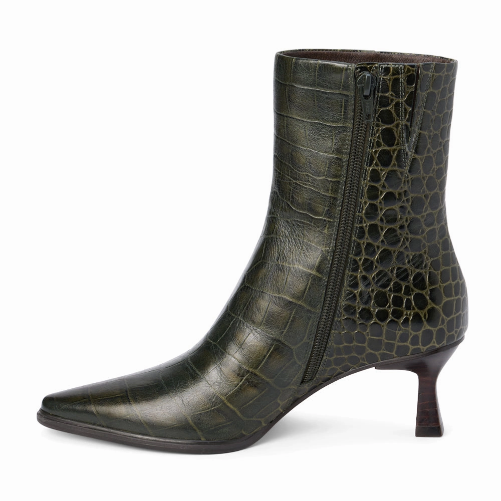Gabbie Croc Embossed Pointed Toe Zippered Booties Multi Density Cushioning Eco Friendly Sole
