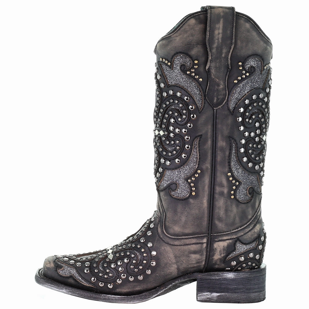 Glitter Studded Tooled Inlay Snip Toe Cowboy Boots Smooth Inner Seam