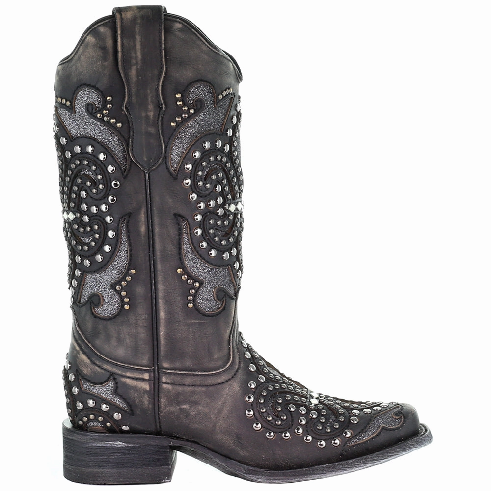 office workers' pumps toe - box Glitter Studded Tooled Inlay Snip Toe Cowboy Boots