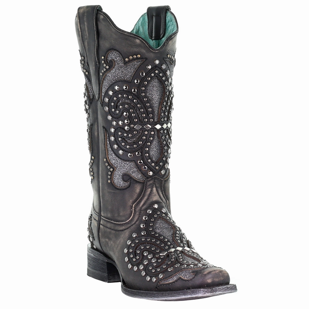 Glitter Studded Tooled Inlay Snip Toe Cowboy Boots beachy