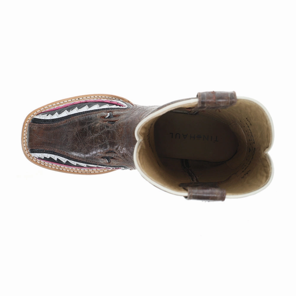 Superior Gnarly Pink Embroidered Shark Square Toe Cowboy Boots