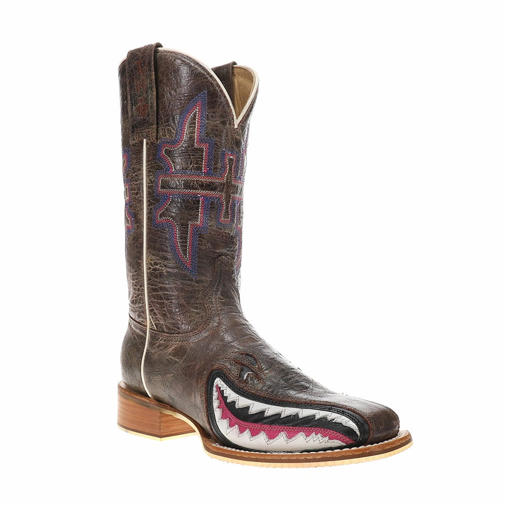 Decent Gnarly Pink Embroidered Shark Square Toe Cowboy Boots