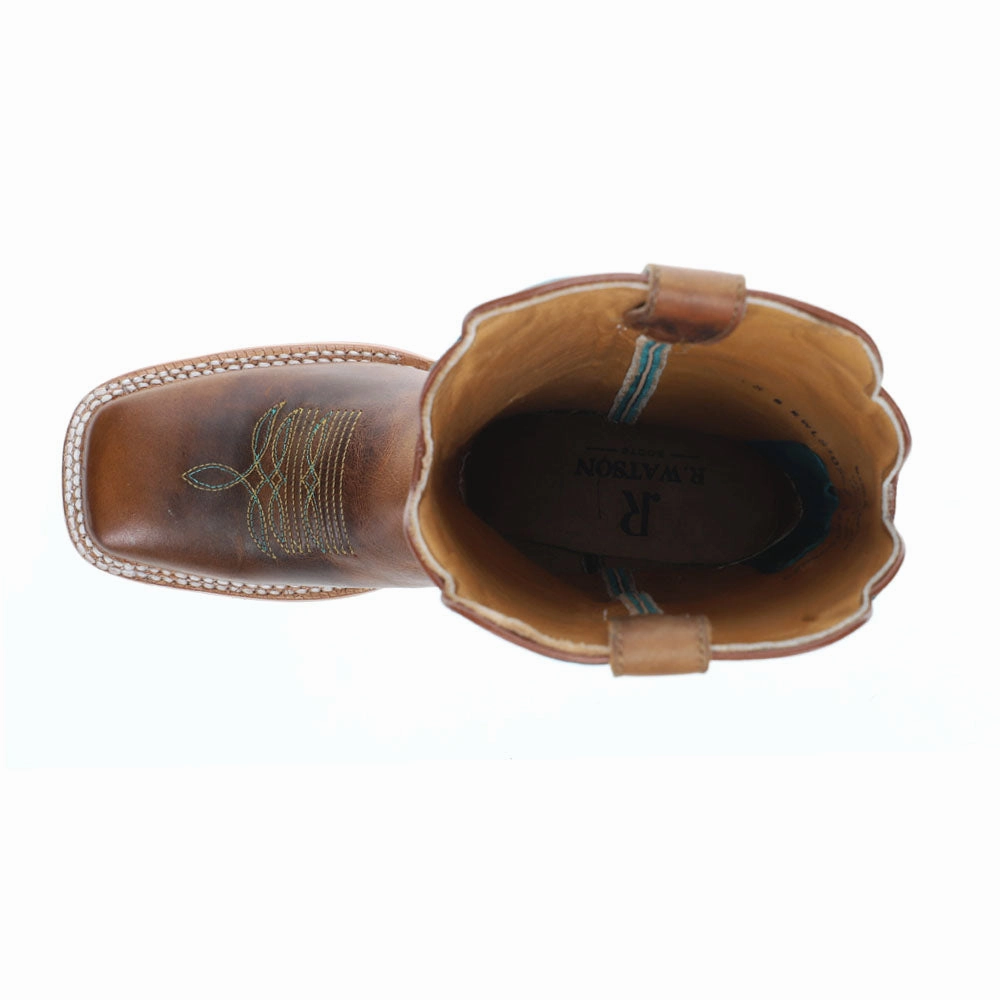 Honey Cowhide Embroidered Wide Square Toe Cowboy Boots Low Profile Collar