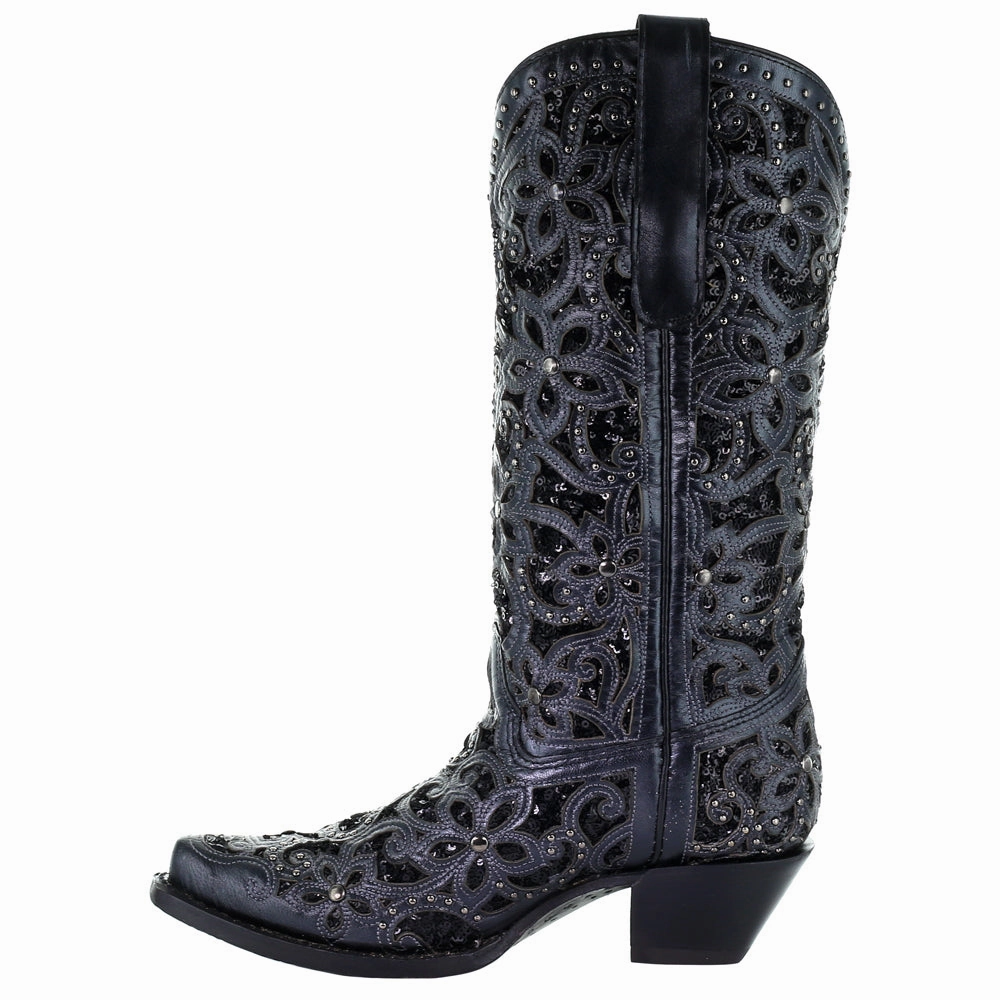 Floral Studded Rhinestones Sequins Tooled Inlay Snip Toe Cowboy Boots Fashionable Look