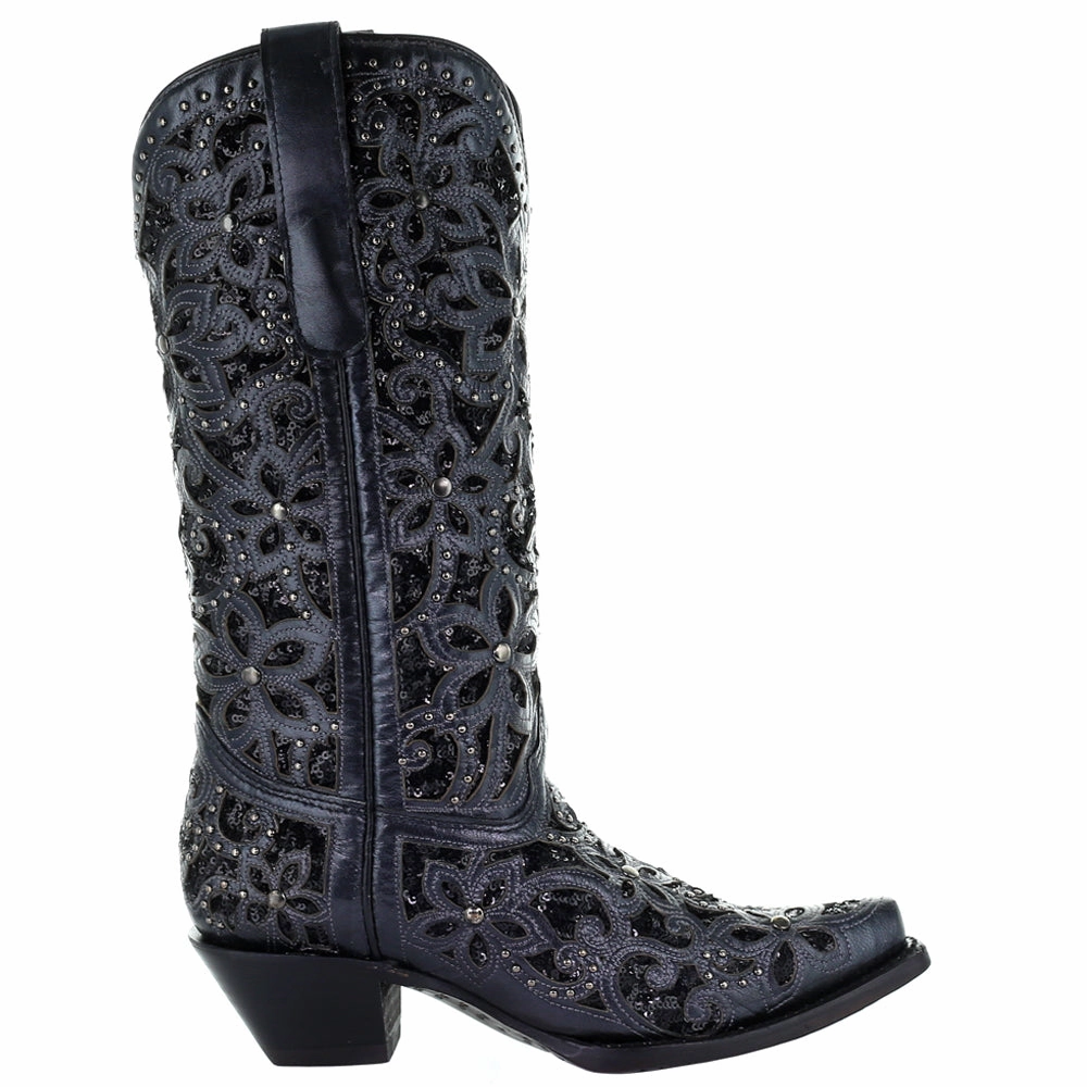 Floral Studded Rhinestones Sequins Tooled Inlay Snip Toe Cowboy Boots Reputable Impact-absorbing design