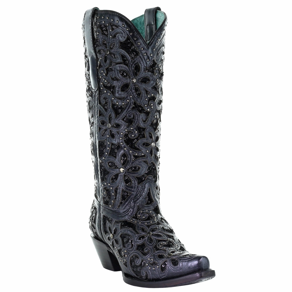 Sculpted cushioning Floral Studded Rhinestones Sequins Tooled Inlay Snip Toe Cowboy Boots