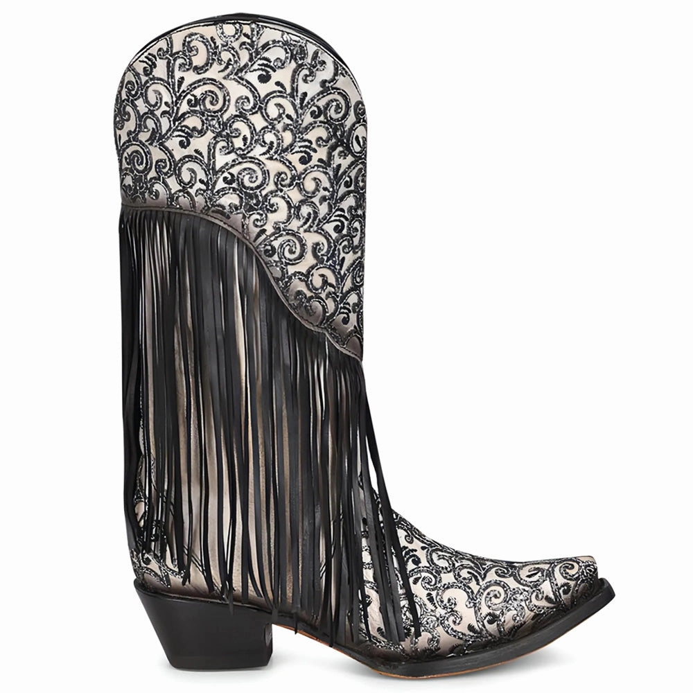 Crater Fringe Glitter Tooled Inlay Snip Toe Cowboy Boots Waterproof Tech Lightweight Cushioning