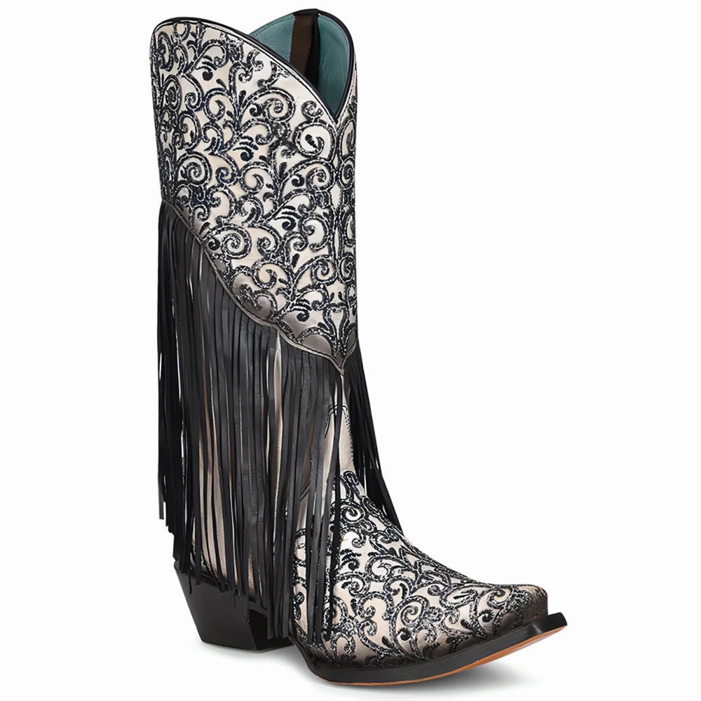 Crater Fringe Glitter Tooled Inlay Snip Toe Cowboy Boots platform Protective Toe Cap