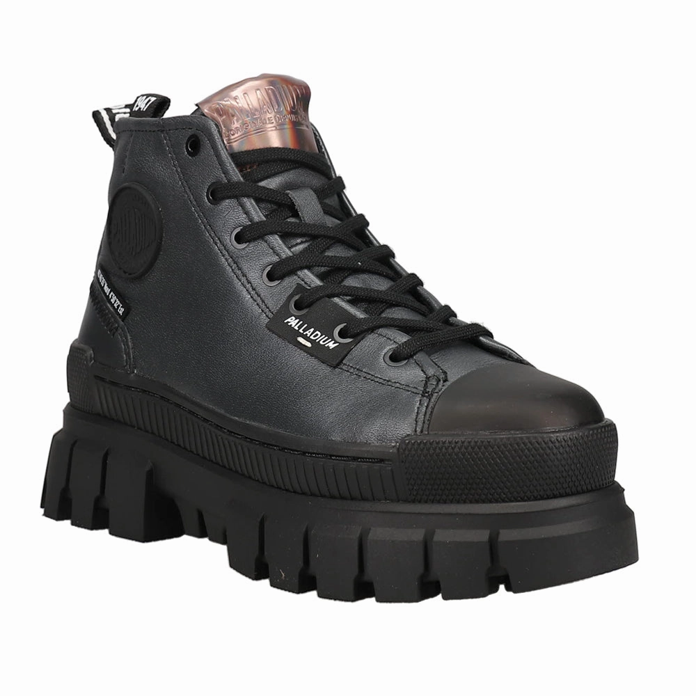 support - level Revolt Metallic Round Toe Platform Lace Up Boots
