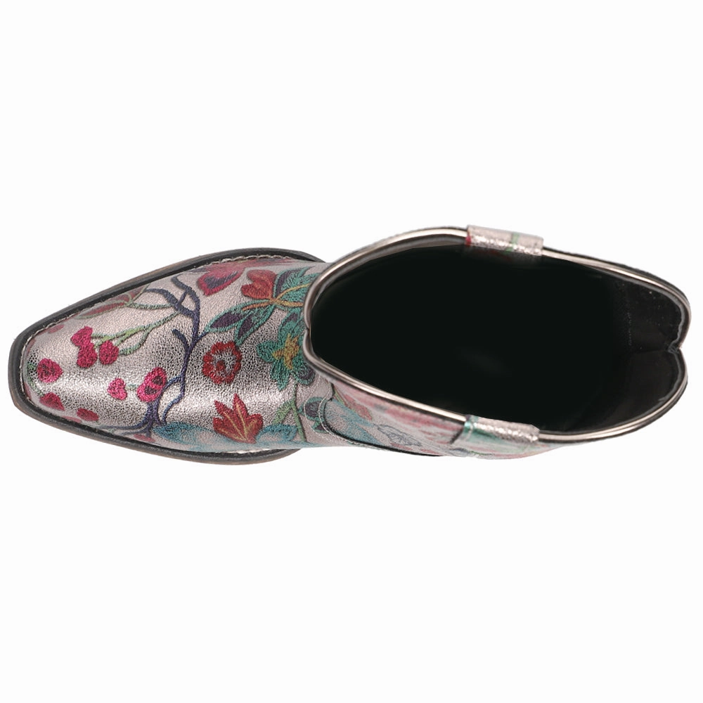 Ingrid Metallic Silver Floral Snip Toe Cowboy Booties Structured wear