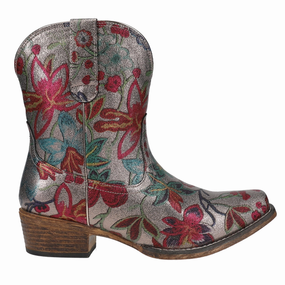 professionals' needs Stylish Silhouette Ingrid Metallic Silver Floral Snip Toe Cowboy Booties