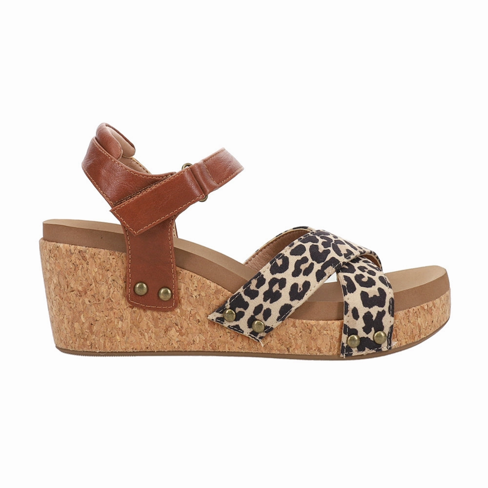 Kindle Leopard Print Ankle Strap Wedge Sandals Adjustable Tongue