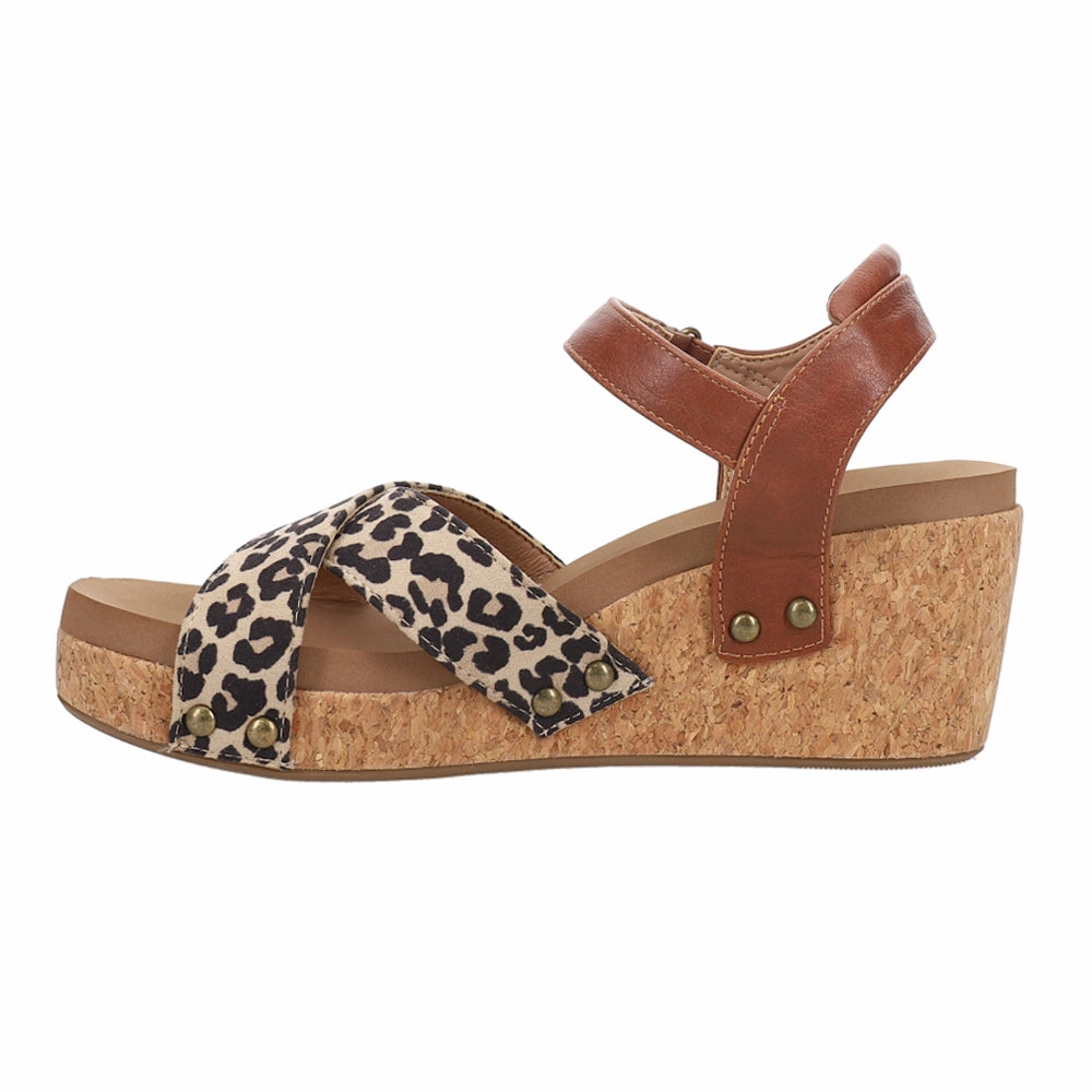 interesting running - style Kindle Leopard Print Ankle Strap Wedge Sandals