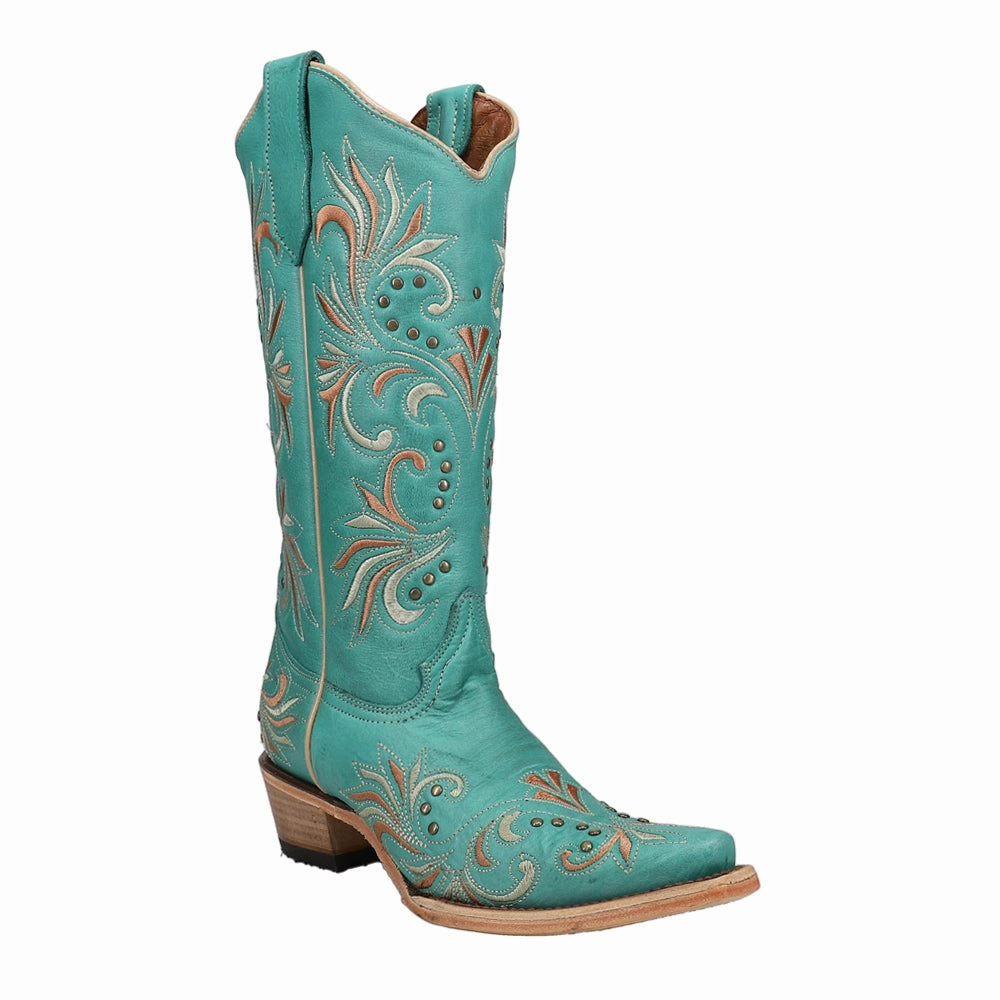 LD Embroidered Studded Snip Toe Cowboy Boots Hypoallergenic Liner Stretchy Material