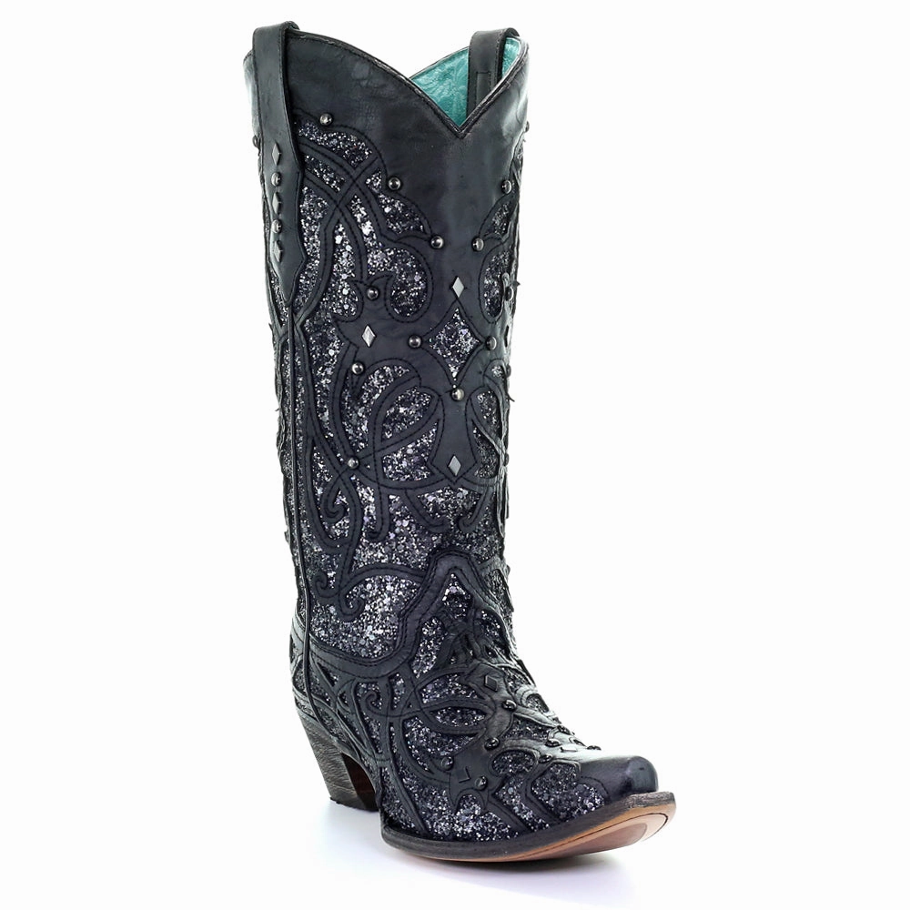 Black Glittered Inlay Cowboy Boots Distinctive materials normal