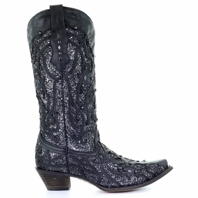 Black Glittered Inlay Cowboy Boots most casual