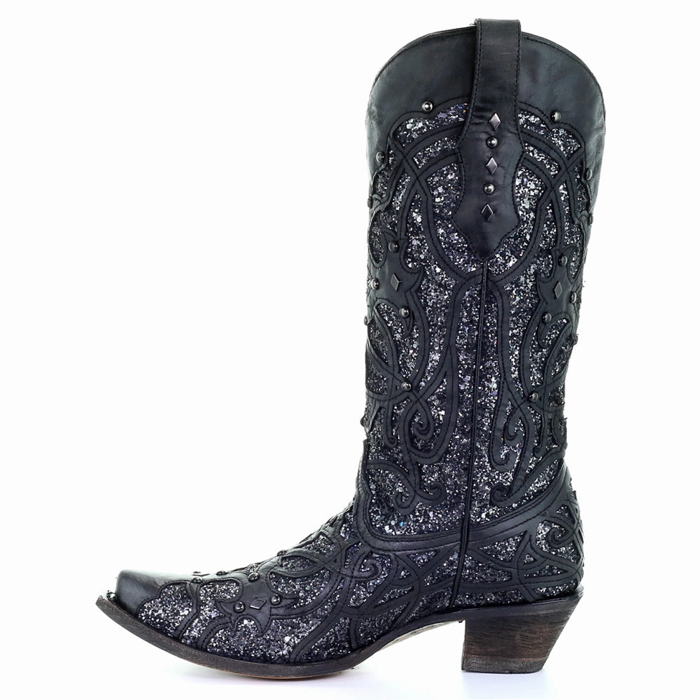 most classic Smooth Inner Seam Black Glittered Inlay Cowboy Boots