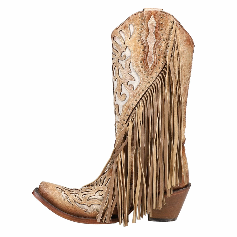 Lamb Studded Embroidered Fringe Snip Toe Cowboy Boots Multi Surface Traction