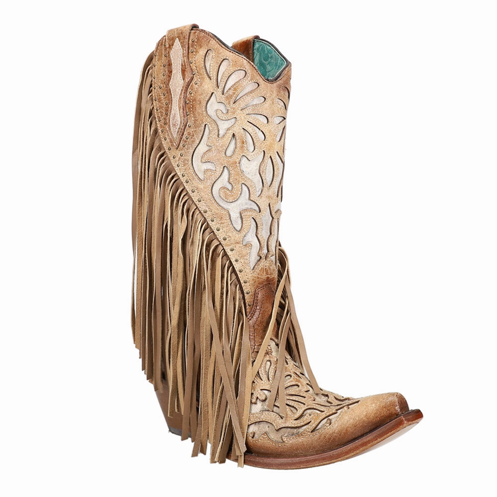 Lamb Studded Embroidered Fringe Snip Toe Cowboy Boots All-around comfort texture - type