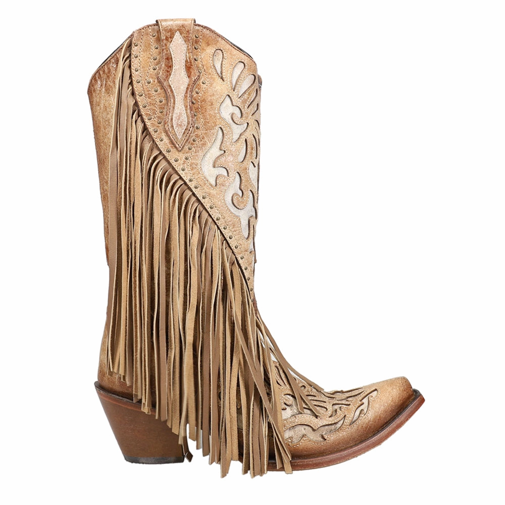 Weatherproof Barrier Layer Lamb Studded Embroidered Fringe Snip Toe Cowboy Boots