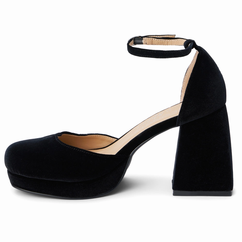 Distinctive materials Misha Square Toe Ankle Strap Platform Pumps