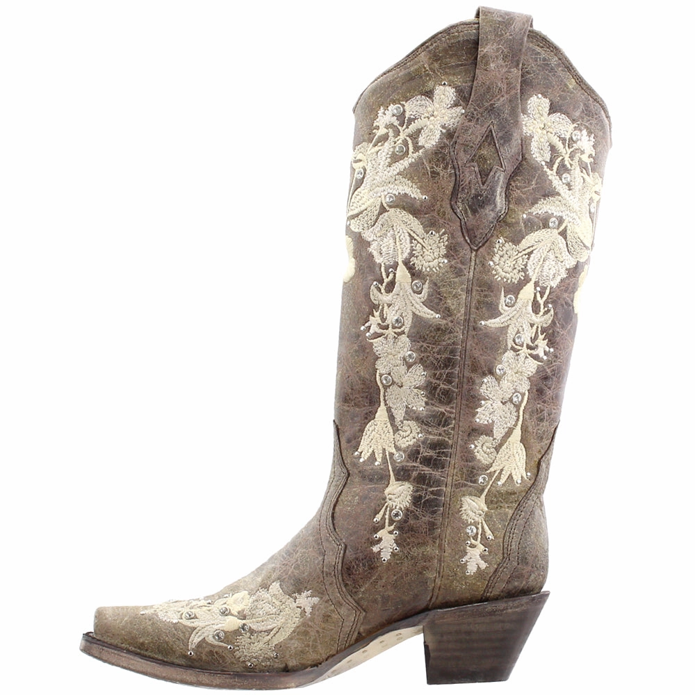 Luxurious lining Floral Rhinestone Embroidered Snip Toe Cowboy Boots