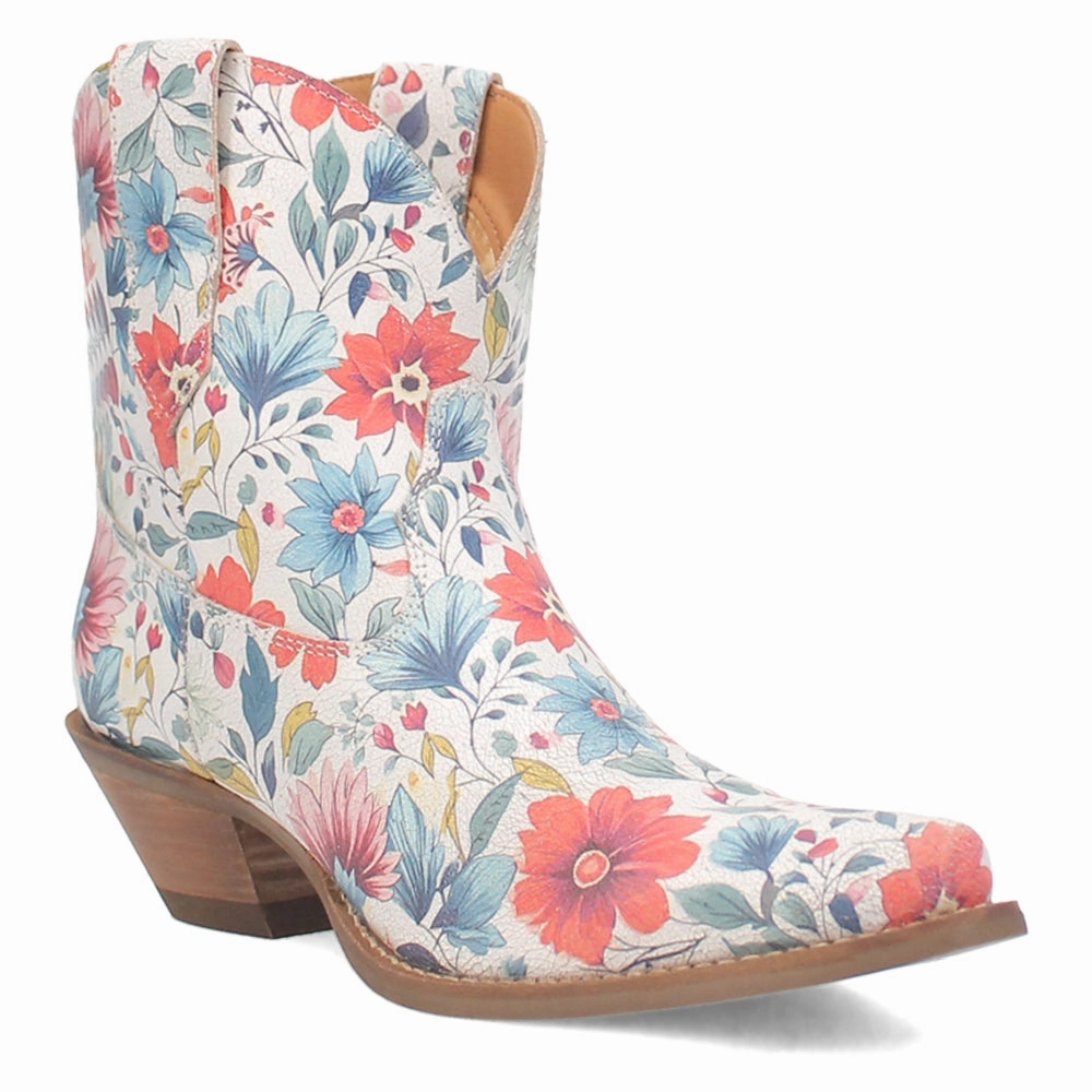 All-day Comfort Pixie Rose Floral Leather Snip Toe Pull On Cowboy Booties