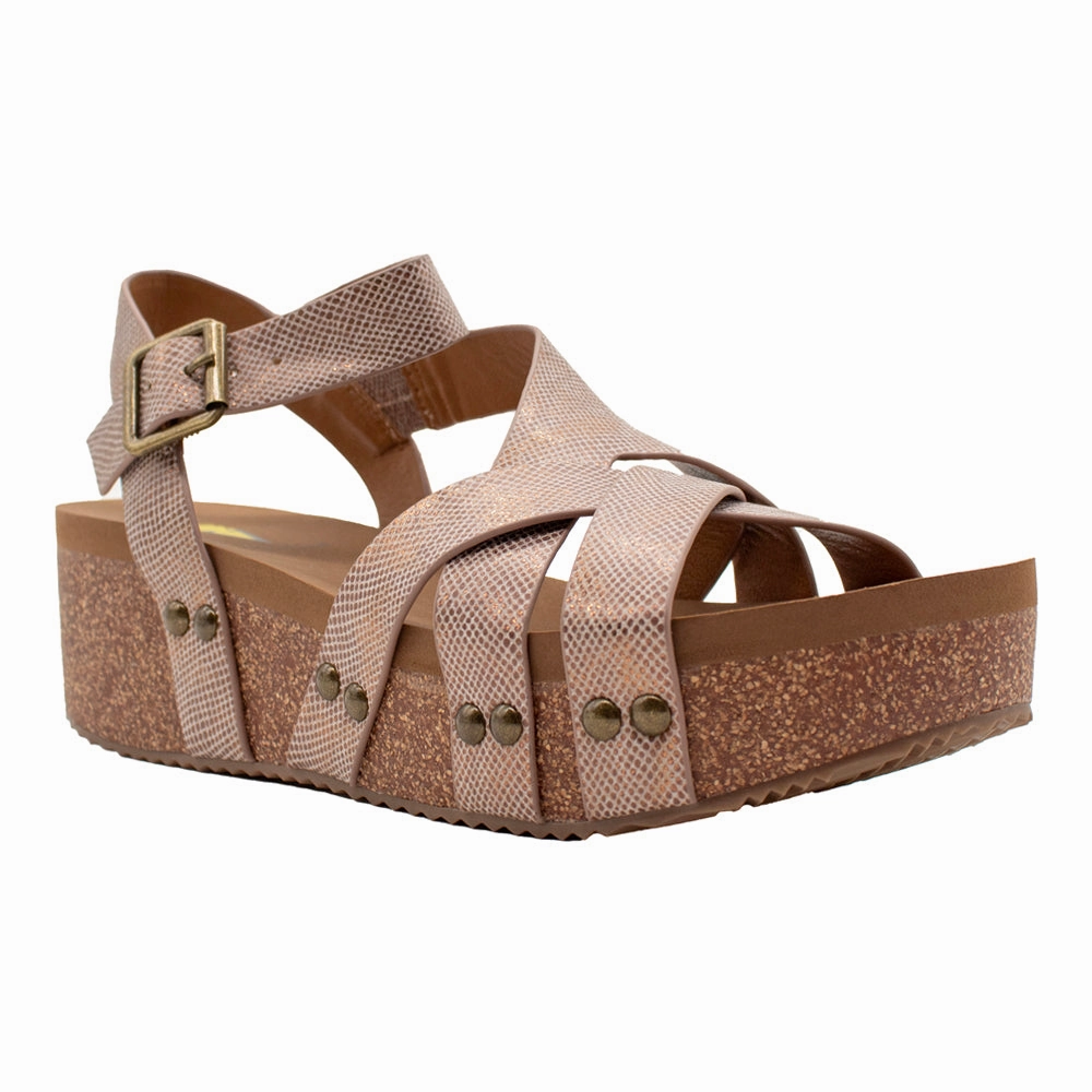 Elevated shock absorption Sandcastle Metallic Ankle Strap Wedge Sandals