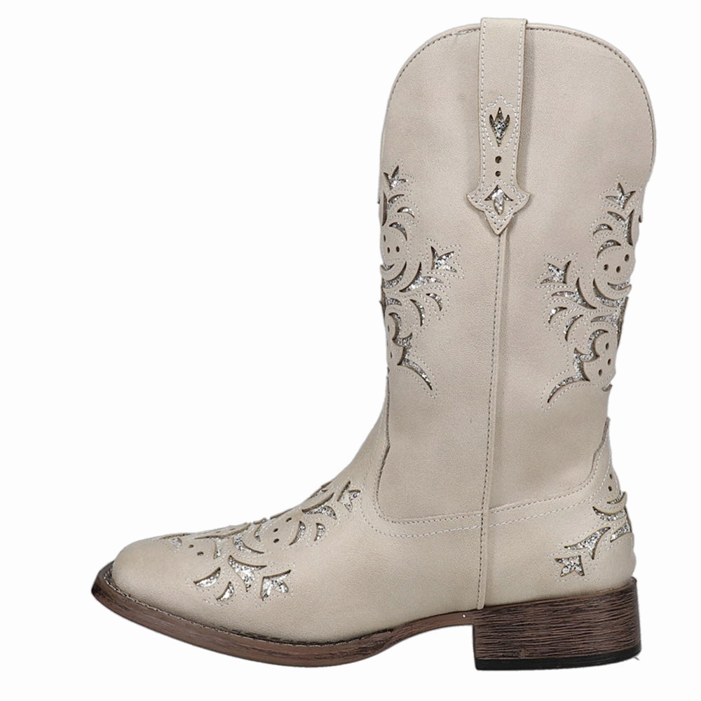 Kennedy Tooled-Inlay Glitter Square Toe Pull On Cowboy Boots Torsional Stability foot fashion
