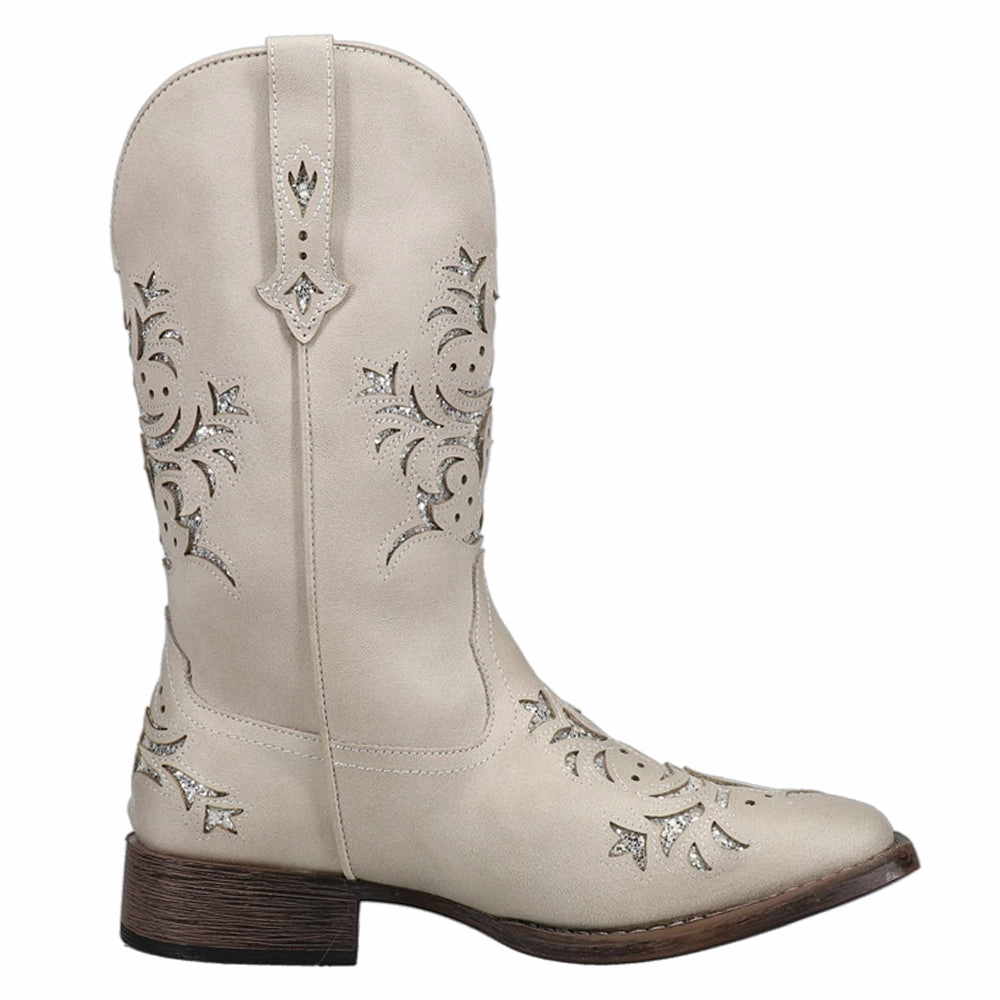 Kennedy Tooled-Inlay Glitter Square Toe Pull On Cowboy Boots Breathable Upper hiking - specific functions