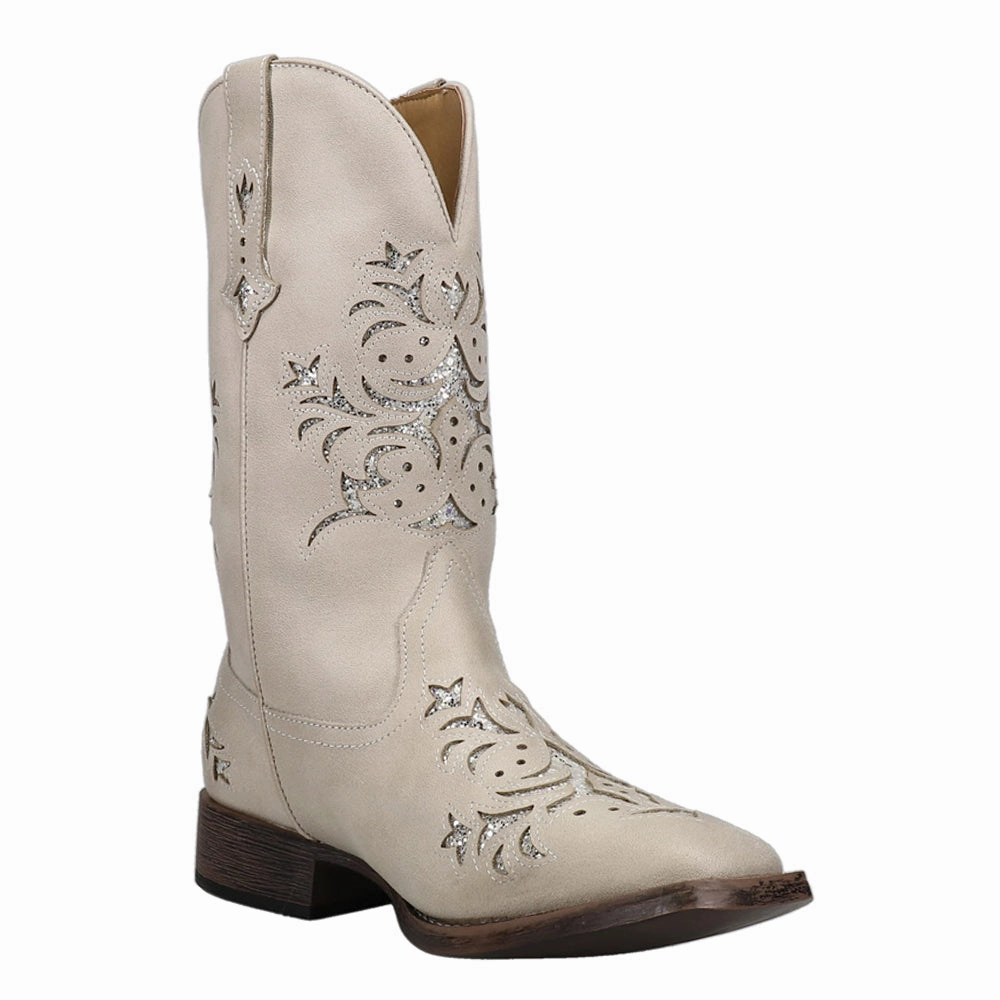 Kennedy Tooled-Inlay Glitter Square Toe Pull On Cowboy Boots Pressure Distribution Pads