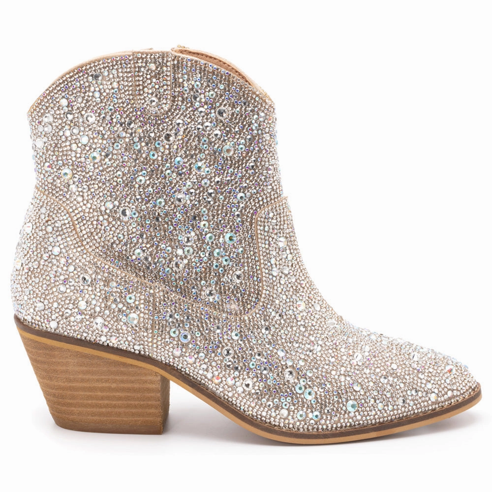 Shine Bright Rhinestone Round Toe Pull On Booties tie - up style basic