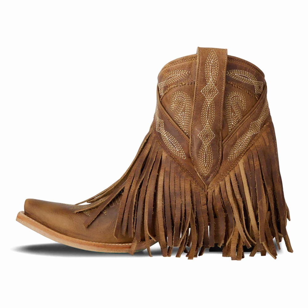 Senita Falls Embroidered Fringe Snip Toe Bootie beach shoes Stacked Heel