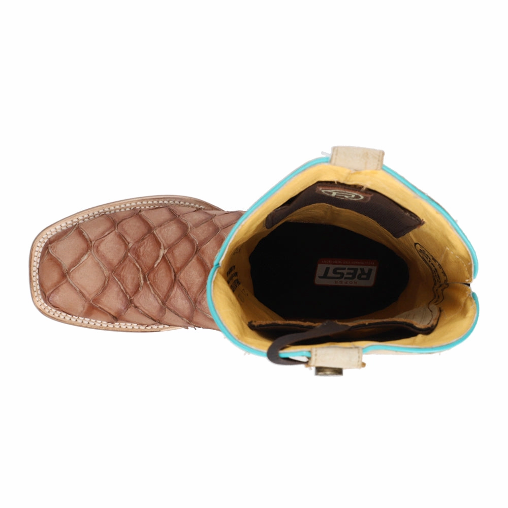 Canvas Casual Touch Big Bite Pirarucu Print Square Toe Cowboy Boots