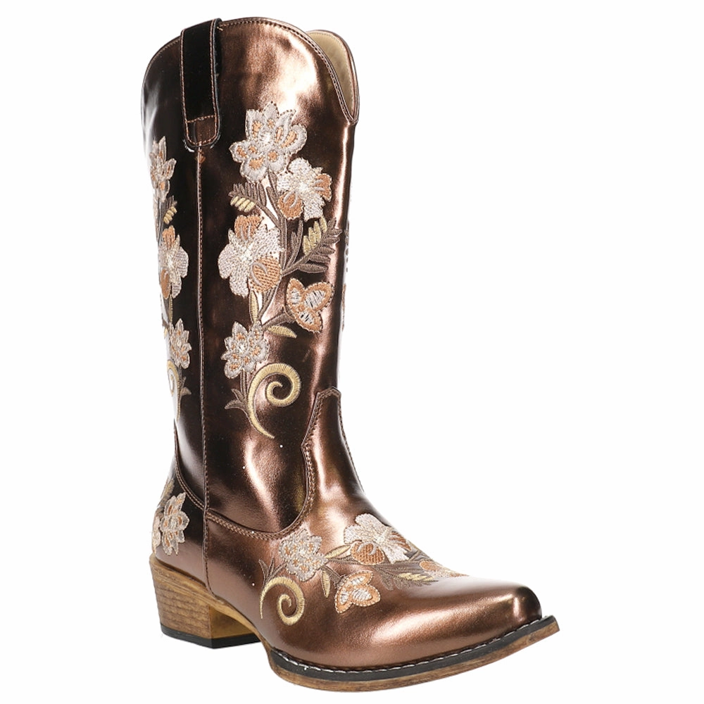 Riley Metallic Floral Embroidered Snip Toe Cowboy Boots Hyper Compression Sole