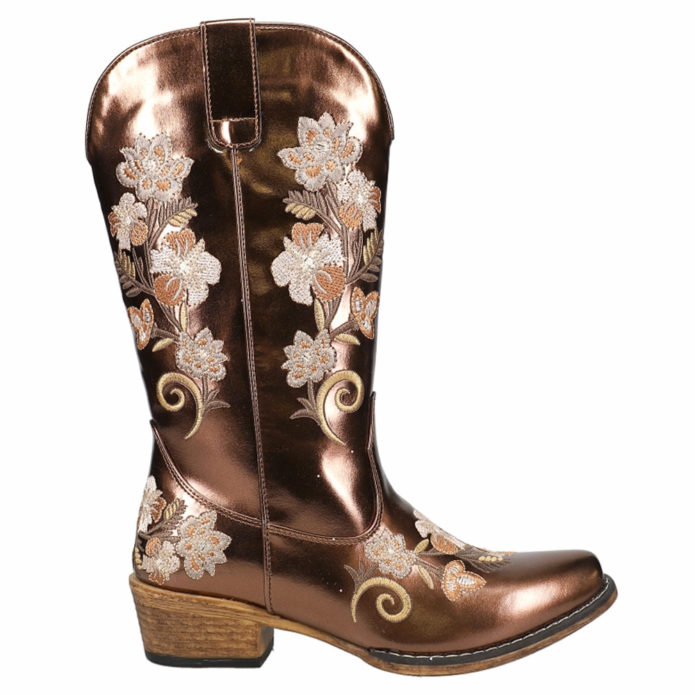 high - heeled Riley Metallic Floral Embroidered Snip Toe Cowboy Boots
