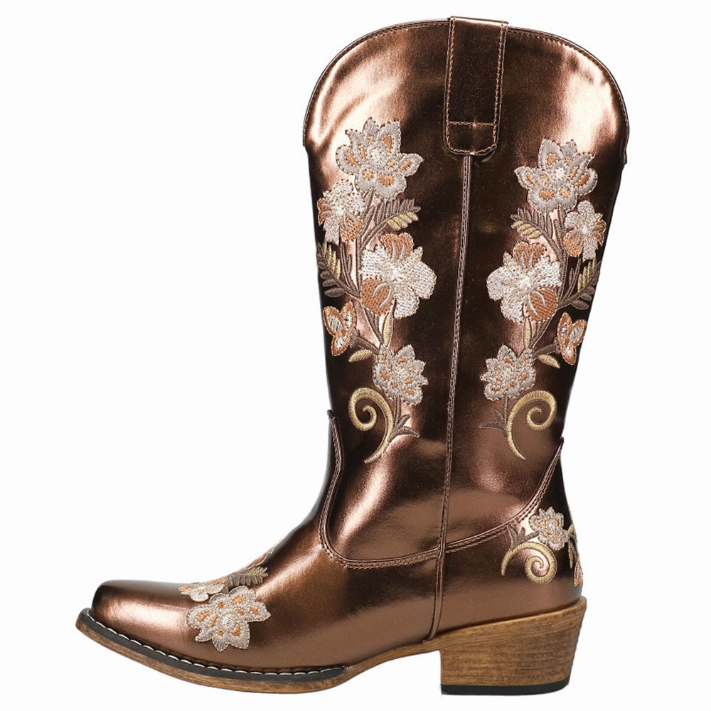 Riley Metallic Floral Embroidered Snip Toe Cowboy Boots Minimalist Footprint fade - resistant