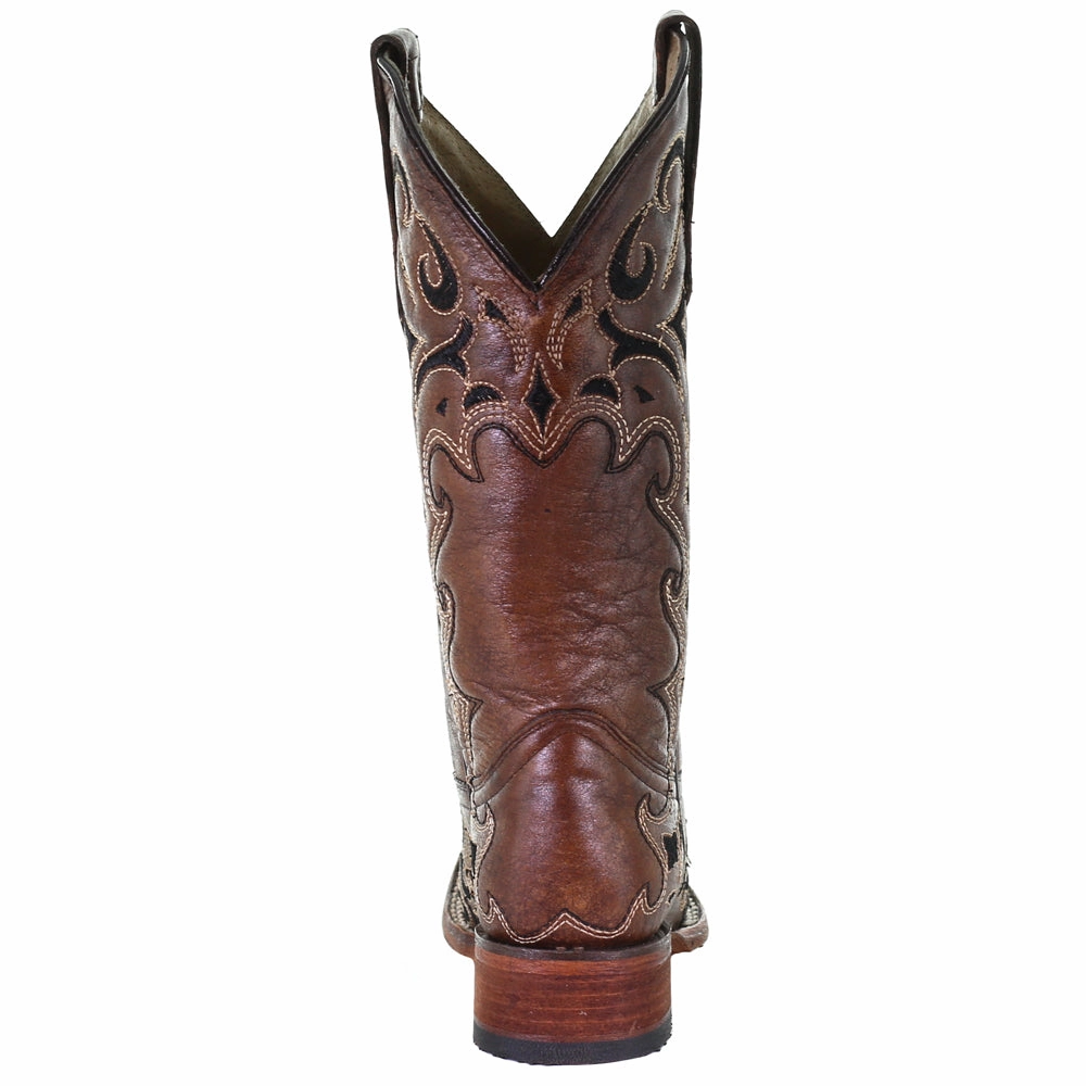 Tooled Inlay Square Toe Cowboy Boots Muted dry - weather