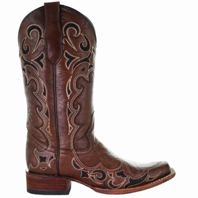 Tooled Inlay Square Toe Cowboy Boots Narrow Fit