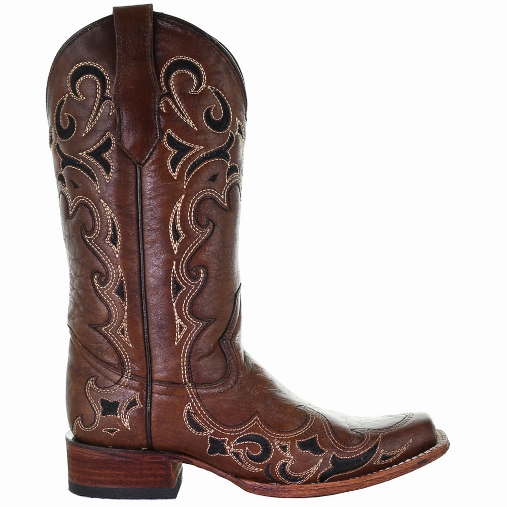 Tooled Inlay Square Toe Cowboy Boots Narrow Fit